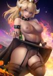 1girl 1girl 1girl areola areola blonde_hair blue_eyes bowsette breasts choker crown dress_lift earrings female_only garter_belt ponytail pubic_hair pussy stockings stockings super_mario_bros. thick_thighs tied_hair voluptuous zumi_(artist)