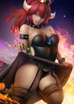 1girl 1girl 1girl areola black_panties blue_eyes bowsette choker crown dress dress_lift earrings female_only garter_belt panties ponytail pubic_hair pussy red_hair stockings stockings super_mario_bros. thick_thighs tied_hair voluptuous zumi_(artist)