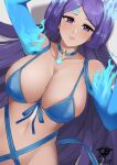  1girl alluring artist_logo big_breasts bikini blue_bikini blue_hair blush brighid brighid_(xenoblade) flaming_hair kaos_art light-skinned_female light_skin long_hair looking_at_viewer mature_female milf monolith_soft nintendo purple_eyes smile smiling_at_viewer xenoblade_(series) xenoblade_chronicles_2 