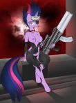 2013 anthro bandanna breasts clothing cloud equine eye_patch eyewear female friendship_is_magic furry gun hair horn horse looking_at_viewer multicolored_hair my_little_pony necklace nipples outside panties pony purple_eyes purple_hair ranged_weapon scar sitting skinsuit sky source_request tail thong torn_clothing twilight_sparkle_(mlp) underwear unicorn v-d-k weapon