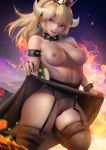 1girl 1girl 1girl areola areola blonde_hair blue_eyes bowsette breasts choker crown dress_lift earrings female_only garter_belt ponytail pubic_hair pussy stockings stockings super_mario_bros. thick_thighs tied_hair voluptuous zumi_(artist)