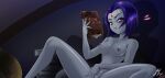 book dc_comics dc_comics forehead_jewel grey_skin indigo_eyes indigo_hair looking_at_viewer masturbation mauroz medium_breasts medium_hair nude nude nude_female rachel_roth raven_(dc) teen_titans