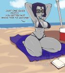  arms_above_head beach big_breasts bikini black_bikini black_swimsuit blush breasts dc_comics eros jewelry kneel looking_at_viewer nipples nipples_visible_through_clothing outside rachel_roth raven_(dc) swimsuit teen_titans text thick_thighs thighs 