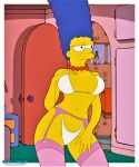  blue_hair bra breasts garter_belt kurt_lenman marge_simpson panties pearls stockings the_simpsons thighs white_bikini yellow_skin 