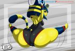 animal_crossing ankha anthro ass ass black_eyes blue_hair catgirl digital_media_(artwork) egyptian fur furry jackintaro looking_at_viewer looking_back nintendo olympics yellow_fur