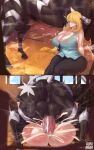  1girl 2koma anal anal_penetration anal_sex barn big_breasts blonde_hair collared_shirt cum cum_inside curvaceous curves curvy curvy_figure cynthia_(pokemon) erect_nipples_under_clothes fucked_silly game_freak hay hetero high_heels horny horse horse_penis horsecock huge_breasts huge_penis indoors instant_loss_2koma interspecies large_penis legs_up long_hair mating_press nintendo pants penis_awe pokemon_dppt pokephilia ruru-raida sex short_sleeves voluptuous zebstrika 