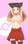  1girl areolae armpits arms_up black_legwear blue_eyes breasts brown_hair egooo erect_nipples female legs legwear long_hair looking_at_viewer midriff navel nintendo nipples no_bra open_mouth pixiv_manga_sample pokemon pokemon_(game) pokemon_xy serena serena_(pokemon) skirt solo thighhighs topless undressing 