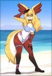  1girl armageddon1234 beach big_ass big_breasts cute delphox fluffy_ears fluffy_tail long_ears long_hair posing red_legs sand seductive tail white_skin yellow_hair yellow_skin 