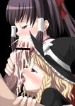 1boy 2girls blonde_hair blue_eyes blush braid brown_hair censored cum cum_in_mouth cum_on_tongue ejaculation fellatio hakurei_reimu handjob hat huge_penis kagura_mizuki kirisame_marisa licking long_hair marisa_kirisame mouthful multiple_fellatio multiple_girls oral overflow penis pointless_censoring reimu_hakurei ribbon ribbons short_hair teamwork tongue touhou witch_hat