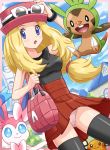  1girl :d :o bag black_eyes black_legwear blonde_hair blue_eyes blush bow bracelet breasts chespin dedenne hat humans_of_pokemon jewelry long_hair low-tied_long_hair open_mouth panties pantyshot pantyshot_(standing) pokemoa pokemon pokemon_(game) pokemon_(species) pokemon_xy serena_(pokemon) skirt smile soara standing sunglasses sylveon thighhighs underwear upskirt 