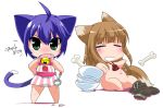  animal_ears bell blue_hair bone bones brown_hair cat_ears cat_tail chibi crossover fang green_eyes holo horo ikuta_takanon kyouka_midarezaki kyouran_kazoku_nikki long_hair midarezaki_kyouka short_hair spice_and_wolf tail takanon translated white_background wolf_ears 