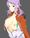  1girl anew_returner bad_id breasts gundam gundam_00 innovator jacket large_breasts nanao nanao_(mahaya) nipples open_clothes open_shirt purple_hair red_eyes shirt solo uniform 