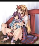  2girls blonde_hair blush bottomless breast_grab breasts female grabbing horn horns hoshiguma_yuugi komeiji_satori letterboxed long_hair multiple_girls nude purple_hair satori_komeiji short_hair smile touhou umakatsuhai yuri yuugi_hoshiguma 