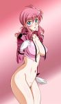  1girl areolae blue_eyes blush bottomless breasts cleavage feldt_grace gloves gundam gundam_00 large_breasts long_hair nipple_slip nipples no_bra open_clothes open_shirt pink_hair ponytail pussy rainkeru see-through shirt solo uncensored 