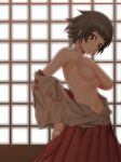  1girl breast_hold breasts brown_hair chemical-x covering duplicate hakama japanese_clothes matoi_tsunetsuki miko open_clothes open_shirt sayonara_zetsubou_sensei shirt short_hair shouji sliding_doors solo topless tsunetsuki_matoi underboob undressing 