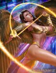  1girl amazon armor bare_arms bare_legs bare_shoulders bent_over big_breasts black_hair breasts brown_eyes cleavage clenched_teeth curvy dc_comics diana_prince female female_focus female_only gold golden_armor golden_wings judash137 lasso lasso_of_truth lipstick long_hair looking_at_viewer makeup mostly_nude muscle open_mouth parted_lips shiny shiny_skin solo_female superheroine teeth thick_thighs thighs toned tongue voyeurism weapon wonder_woman wonder_woman_(series) wonder_woman_1984 