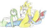  big_breasts chest_jewel crayon_(medium) creatures_(company) digimon fairy_type_pokemon female_renamon flamedramon game_freak gardevoir gen_3_pokemon green_hair hair_over_one_eye huge_breasts nintendo pokemon pokemon_(anime) pokemon_(creature) pokemon_(game) pokemon_(species) psychic_type_pokemon red_eyes renamon simight threesome vaginal white_background 