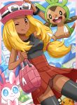  1girl ;p bag black_legwear blonde_hair blue_sky brown_eyes chespin dark_skin dedenne dutch_angle ganguro hand_on_hat hand_on_head hand_on_headwear hand_on_own_head hat humans_of_pokemon long_hair looking_at_viewer low-tied_long_hair miniskirt one_eye_closed panties pantyshot pantyshot_(standing) pokemoa pokemon pokemon_(game) pokemon_(species) pokemon_xy purple_panties serena serena_(pokemon) shoulder_bag skirt sky soara standing sunglasses sunglasses_on_head sylveon thighhighs tongue tongue_out underwear upskirt wink 