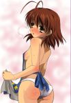 1girl antenna_hair apron aruru_no_zaki aruruno ass bad_id blush breasts breath brown_eyes brown_hair clannad colored furukawa_nagisa nagisa_furukawa no_bra panties short_hair sideboob solo sweat underwear white_panties