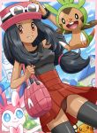  :d bag black_eyes black_hair black_legwear blue_eyes blush bow bracelet breasts brown_eyes chespin dark_skin dedenne grin hat humans_of_pokemon jewelry long_hair low-tied_long_hair open_mouth panties pantyshot pantyshot_(standing) pokemoa pokemon pokemon_(game) pokemon_(species) pokemon_xy serena serena_(pokemon) skirt smile soara standing sunglasses sylveon thighhighs underwear upskirt 