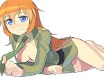 1girl barefoot blue_eyes bottomless breasts charlotte_e_yeager cleavage grin itsumo_nokoru long_hair lying namaeha_(pixiv77217) necktie orange_hair pomelocandy smile solo strike_witches white_background