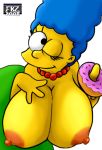 bent_over blue_hair breasts donut fbz hair hanging_breasts huge_breasts marge_simpson pearls smile the_simpsons white_background wink yellow_skin