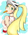 1girl blonde_hair breasts green_eyes gym_leader helmet koruni_(pokemon) nipples pokemon pokemon_(game) pokemon_xy ponytail popsicle see-through shirt solo two_side_up wet wet_clothes wet_shirt wet_t-shirt