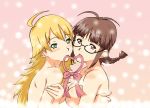  2girls ahoge akizuki_ritsuko antenna_hair blonde_hair blush bow braid breast_press breasts brown_eyes brown_hair glasses green_eyes heart hiropon_(iianbe) hoshii_miki hug hugging idolmaster long_hair miki_hoshii mouth_hold multiple_girls nude ribbon ritsuko_akizuki single_braid symmetrical_docking yuri 