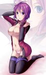 1girl bad_id breasts buruma caryo cum gundam gundam_seed gundam_seed_destiny kneeling large_breasts lunamaria_hawke nipples no_bra open_clothes open_shirt panties purple_eyes purple_hair shirt short_hair solo striped striped_panties tabigarasu thighhighs underwear zoom_layer