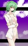 1girl bad_id breasts cleavage female green_hair kazami_yuuka messy_hair no_bra no_panties open_clothes open_shirt red_eyes shirt short_hair slender smile solo takaharu touhou translated youkai yuka_kazami