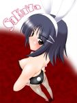  1girl aizawa_sakuya animal_ears back-seamed_legwear black_hair breasts brown_eyes bunny_ears bunnysuit down_blouse downblouse fishnet_pantyhose fishnets from_above from_behind hakkai hayate_no_gotoku! hayate_the_combat_butler high_heels looking_back nipple_slip nipples pantyhose sakuya_aizawa seamed_legwear shoes short_hair solo 