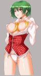 1girl ascot breasts female grey_background hands_on_own_chest kazami_yuuka large_breasts no_pants open_clothes open_shirt panties plaid plaid_vest shirt side-tie_panties solo standing touhou underwear untied youkai yueshiro_kou yuka_kazami