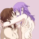  1boy 1girl anew_returner blush breasts brown_hair celestial_being closed_eyes couple flat_chest gundam gundam_00 hair hetero hug hugging innovator lockon_stratos lyle_dylandy nipples purple_background purple_hair short_hair stratos_lockon topless 