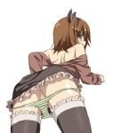 1girl animal_ears anus ass blush brown_hair from_behind green_eyes il il_(ill^6) leaning_forward looking_at_viewer looking_back lowres off_shoulder panties panty_pull pussy rita_mordio simple_background skirt solo standing striped striped_panties tales tales_of_(series) tales_of_vesperia thighhighs uncensored underwear white_background