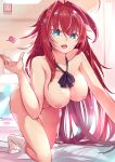 1girl 1girl 1girl ahoge all_fours bangs big_breasts black_neckwear blue_eyes breasts clavicle condom_wrapper high_resolution high_school_dxd kneehighs long_hair looking_at_viewer nekomimipunks nipples nude open_mouth red_hair rias_gremory shirt upper_teeth white_legwear