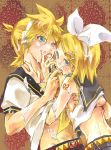  1boy 1girl aqua_eyes banana blonde_hair brother_and_sister cum cum_on_clothes cum_on_hair facial food fruit gyorui_(toura_minato) hair_ornament hair_ribbon hairclip headphones kagamine_len kagamine_rin len_kagamine licking midriff necktie nipple_slip nipples plus7 ribbon rin_kagamine sexually_suggestive short_hair shorts siblings twins vocaloid 