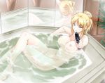  1girl 1girl bathing big_breasts blonde breasts combat_handgun gun hair_bun handgun long_hair lupus_apparatus nude official_art tied_hair tsunashima_shirou weapon 