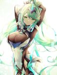  1girl alluring arms_behind_head big_breasts black_bodysuit bodysuit closed_mouth covered_navel green_eyes green_hair headpiece high_res long_hair looking_at_viewer nintendo pneuma_(xenoblade) ponytail simple_background smile swept_bangs ui_frara very_long_hair white_background xenoblade_(series) xenoblade_chronicles_2 