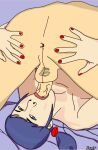  anus balls blue_eyes blue_hair fellatio light-skinned_female light_skin lipstick looking_at_viewer male/female marinette_cheng miraculous_ladybug nail_polish nude open_ass oral pigtails purple_blanket red_lipstick red_nails sexy_look zoolt 