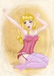 1female 1girl blonde_hair breasts chaarmeleon crown disney eyebrows eyelashes full_body heart lingerie pin-up princess_aurora sleeping_beauty solo stockings teeth