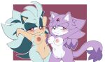 1girl anthro blaze_the_cat blush breast_squish breasts duo embarrassed eyebrows fan_character fur genitals green_body green_fur half-closed_eyes hands_behind_back high_res iris_the_hedgehog jewelry lewd_star_ring looking_at_viewer narrowed_eyes navel nude purple_body purple_fur pussy quartzquadrantz raised_eyebrow redesign sega shy smug sonic_the_hedgehog_(series) squish