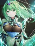  1girl alluring armor big_breasts chest_jewel cleavage core_crystal_(xenoblade) dangle_earrings drop_earrings earrings gem greek_text green_eyes green_hair hair_ornament headpiece high_res jewelry long_hair looking_at_viewer neon_trim nintendo pneuma_(xenoblade) ponytail swept_bangs tiara ui_frara very_long_hair xenoblade_(series) xenoblade_chronicles_2 