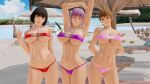 1girl 3_girls 3d alluring ayane ayane_(doa) big_breasts bikini black_hair breasts brown_eyes brown_hair dead_or_alive dead_or_alive_2 dead_or_alive_3 dead_or_alive_4 dead_or_alive_5 dead_or_alive_6 dead_or_alive_xtreme dead_or_alive_xtreme_2 dead_or_alive_xtreme_3_fortune dead_or_alive_xtreme_beach_volleyball dead_or_alive_xtreme_venus_vacation female_only hourglass_figure human kasumi kasumi_(doa) kunoichi light-skinned_female light_skin looking_at_viewer momiji momiji_(ninja_gaiden) outside pasties purple_hair red_eyes short_hair tecmo thong yellow_eyes