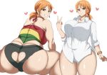  1girl ass ass_cleavage big_ass big_breasts breasts clothed_female female_focus female_only huge_ass mature mature_female minishorts nami nami_(one_piece) one_piece one_piece:_strong_world orange_hair oryuto short_hair shorts solo_female solo_focus standing tattoo thick_thighs wide_hips 