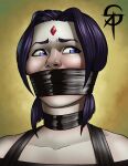 bare_shoulders black_tape bondage captured dc_comics demon_girl gagged goth goth_girl helpless kidnapped purple_eyes purple_hair rachel_roth raven_(dc) restrained short_hair sneakattack1221 tape_bondage tape_gag teen_titans