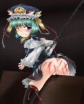  1girl bdsm bondage chain chains collar eiki_shiki female_focus green_hair guro hat high_res injury leash looking_back no_panties pain predicament_bondage pussy pussy_juice shikieiki_yamaxanadu shimo_(depthbomb) stockings tears tied_up torture touhou whip_marks wince wooden_horse 