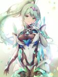  1girl alluring armored_bodysuit big_breasts bodysuit chest_jewel closed_mouth core_crystal_(xenoblade) earrings female_only floating_hair green_eyes green_hair grin high_res jewelry long_hair looking_at_viewer nintendo pneuma_(xenoblade) ponytail sidelocks smile tiara ui_frara very_long_hair xenoblade_(series) xenoblade_chronicles_2 