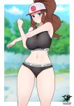  1girl alluring bare_legs big_breasts blue_eyes brown_hair creatures_(company) game_freak hat hilda hilda_(pokemon) kaos_art nintendo outside pokemon pokemon_(anime) pokemon_(game) short_gym_shorts sports_bra sweat touko touko_(pokemon) 