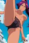  1girl ai_generated bleach breasts breasts_out female_only nude nude_female petite purple_hair pussy savitar shihouin_yoruichi viewed_from_below yoruichi yoruichi_shihouin 