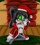 2013 animal_ears bigdon1992 black_hair blush breasts brown_eyes candy_cane christmas female fur furry green_eyeshadow hair hat holidays kaijufreak lagomorph original_character panties rabbit santa_hat skull smile solo sonic_oc sonic_the_hedgehog_(series) tongue underwear